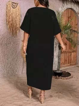 VCAY Женское простое Однотонное платье больших размеров с v-образным вырезом и короткими рукавами Shein, черный