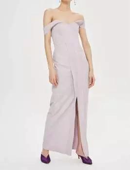 Вечернее платье-бандо с открытыми плечами и разрезом спереди в лавандовом цвете Topshop
