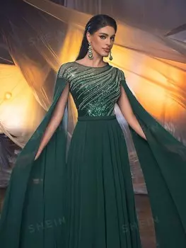 Вечернее платье Belle из блестящей ткани изумрудно-зеленого цвета с длинными рукавами и очень широким подолом Идеально подходит для свадеб, вечеринок, выпускных и танцев Shein, темно-зеленый