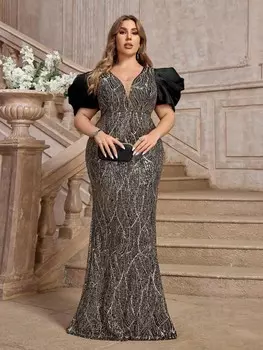 Вечернее платье Belle, ткань с пайетками, цвет шампанского золота, рукава с рюшами, одинарный высокий крой, специальный размер Shein, черный