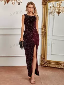 Вечернее платье Belle, высокий разрез, пайетки Shein, белый/бордовый