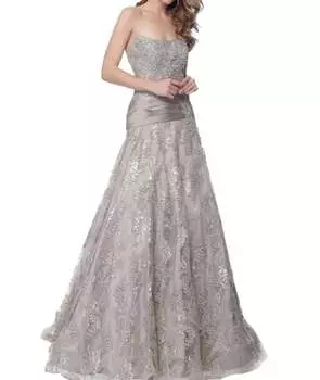 Вечернее платье без бретелек с декором А-силуэта в серо-коричневом цвете JOVANI