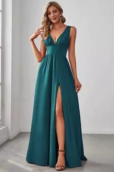 Вечернее платье длиной до пола с V-образным вырезом и высоким разрезом с ампирной талией Ever Pretty, зеленый