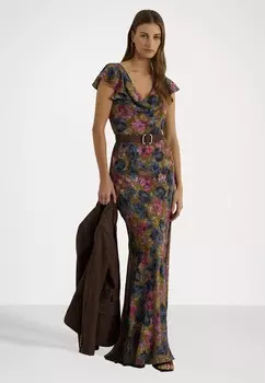 Вечернее платье FLORAL FOILED JACQUARD COWLNECK GOWN Ralph Lauren, разноцветный