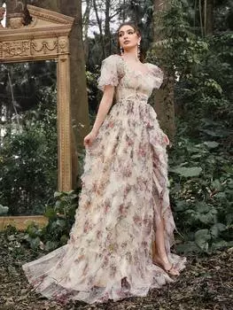 Вечернее платье из сетки с принтом Faeriesty и оборками, кремовый/бежевый