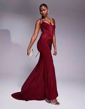 Вечернее платье из шифоновой сетки ASOS DESIGN с асимметричным подолом бордового цвета