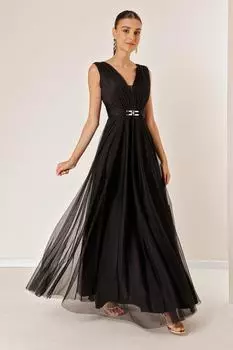 Вечернее платье из тюля с V-образным вырезом спереди и сзади и пряжкой спереди By Sayg, черный