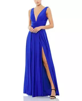 Вечернее платье Mac Duggal из джерси с глубоким вырезом, синий