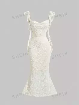 Вечернее платье MOD с пышным воротником и радужной отделкой абрикосового цвета Длинное, облегающее платье Shein, абрикосовый