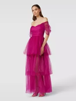 Вечернее платье с открытыми плечами LACE & BEADS, фуксия