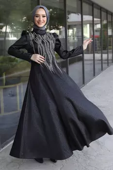 Вечернее платье с пайетками спереди Tsd220544 Черное Tesettr Dnyas, черный