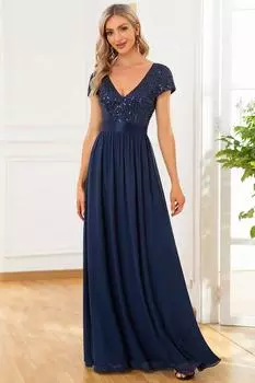 Вечернее платье с V-образным вырезом и рукавами-крылышками из пайеток и шифона с завышенной талией Ever Pretty, синий