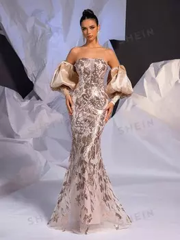 Вечернее платье со складками на талии Украшен сетчатой нашивкой с ромбовидным узором Glamrae, шампанское