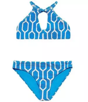 Великолепный купальник из двух частей с высоким вырезом и высоким воротом для больших девочек 7-16 лет с геометрическим принтом и замочной скважиной Splendid, синий