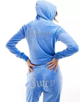 Велюровый худи на молнии с логотипом Juicy Couture синего цвета из стираного денима
