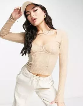 Верблюжий корсетный топ в рубчик со швом на груди ASOS DESIGN