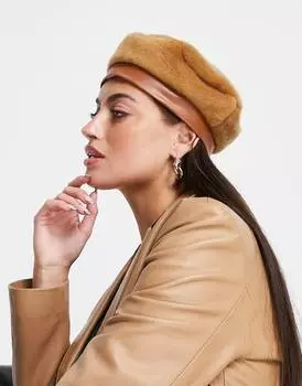 Верблюжий пушистый берет с пуговицами ASOS DESIGN