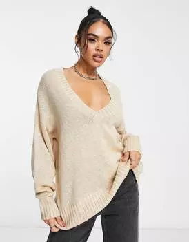 Верблюжий вязаный джемпер с v-образным вырезом ASYOU