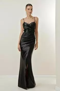 Веревочный ремень, кружево сзади, на подкладке, длинное атласное платье с драпировкой спереди By Sayg, черный