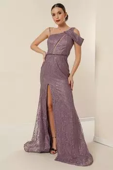 Веревочный ремень с одной стороны, талия из бисера, подкладка, вышивка пайетками, длинное платье в сеточку с разрезом спереди, сиреневое By Sayg, фиолетовый