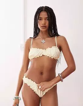Верх бикини Reclaimed Vintage со сборками и резинкой для волос кремового цвета