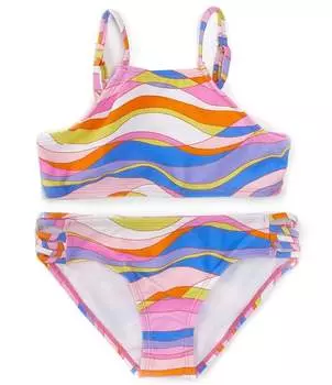 Верх с лямкой на бретельках Raisins для больших девочек 7–16 лет с волнистым принтом и раздельный купальник с хипстерским низом в тон, розовый