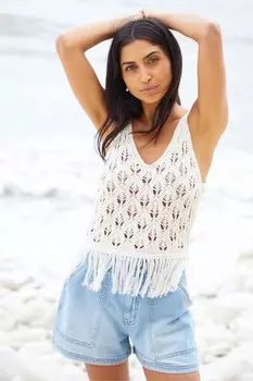 Верхний жилет с кисточками и бахромой, связанный крючком Threadbare, коричневый