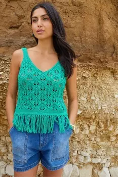 Верхний жилет с кисточками и бахромой, связанный крючком Threadbare, зеленый