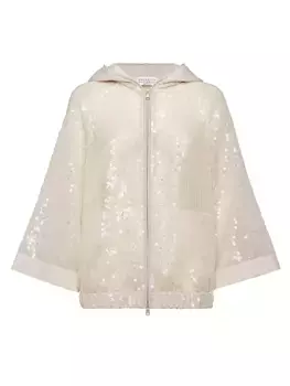 Верхняя куртка с капюшоном и вышивкой Dazzling из хрустящего шелка Brunello Cucinelli, белый