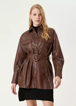 Верхняя рубашка из искусственной кожи коньячного цвета с поясом Beymen