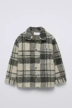 Верхняя рубашка из искусственной овчины в клетку ZARA, экрю
