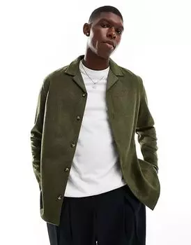 Верхняя рубашка из шерсти с начесом и воротником-стойкой цвета хаки ASOS DESIGN