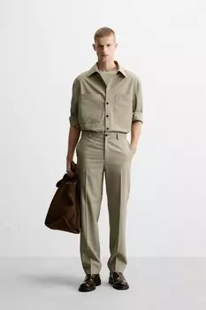 Верхняя рубашка с карманами ZARA, бежевый/зеленый