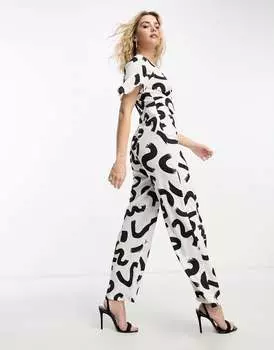 Vero Moda – бело-черный комбинезон с широким низом и абстрактным принтом
