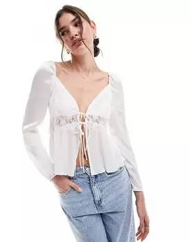 Vero Moda – Белый топ с длинными рукавами, шнуровкой спереди и кружевными вставками