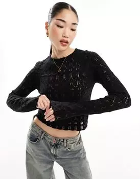 Vero Moda – черный топ с длинными рукавами, связанный крючком