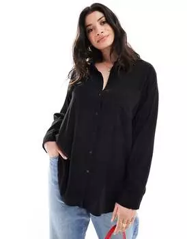 Vero Moda Curve — черная рубашка из смесового льна с длинными рукавами в тон