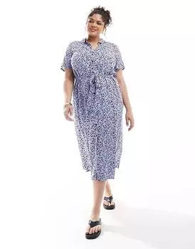 Vero Moda Curve – Макси-платье-рубашка с синим цветочным принтом и планкой на пуговицах