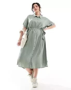 Vero Moda Curve — зеленое платье-рубашка миди с завязанным поясом