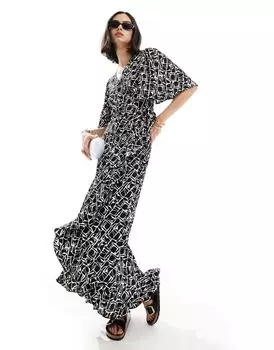 Vero Moda — длинное черное платье с запахом и абстрактным принтом
