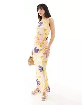 Vero Moda — длинное платье из лимонной сетки без рукавов с высоким воротником и цветочным принтом