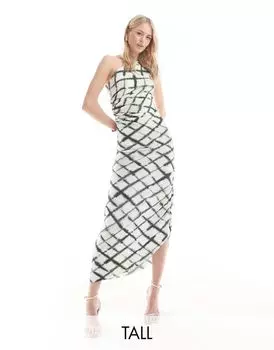 Vero Moda клетчатое платье макси на одно плечо со складками и эффектом тай-дай