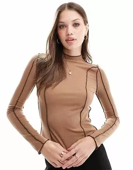 Vero Moda – Коричневая футболка с длинными рукавами и контрастной строчкой
