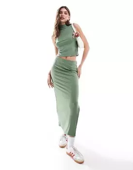 Vero Moda – Короткая юбка макси в рубчик серо-зеленого цвета прямого кроя, комбинированная деталь