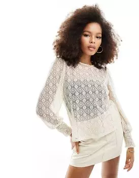 Vero Moda – кремовая кружевная блузка с высоким воротником и ребристыми манжетами