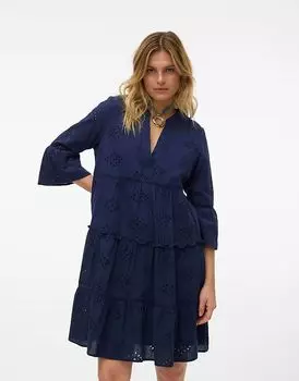 Vero Moda мини-платье с V-образным вырезом и вышивкой в стиле бродери темно-синего цвета