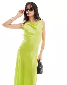 Vero Moda – платье макси из атласа салатового цвета с завязывающимися бретелями и декоративным швом