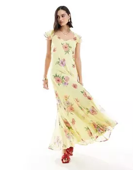 Vero Moda платье макси лимонно-жёлтого цвета с цветочным узором и рюшами>4 рукава