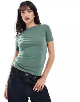Vero Moda - приталенная футболка цвета хаки с вырезом-лодочкой