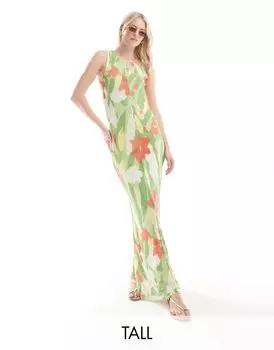 Vero Moda Tall — платье без рукавов из зеленой сетки с цветочным принтом и волнистым подолом